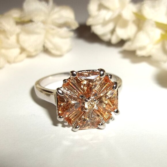 Fashion Jewelry Jewelry - Ring US Size 8.25 925 Silver with Peach Rhinestones Woman Girl Jewelry Band D064